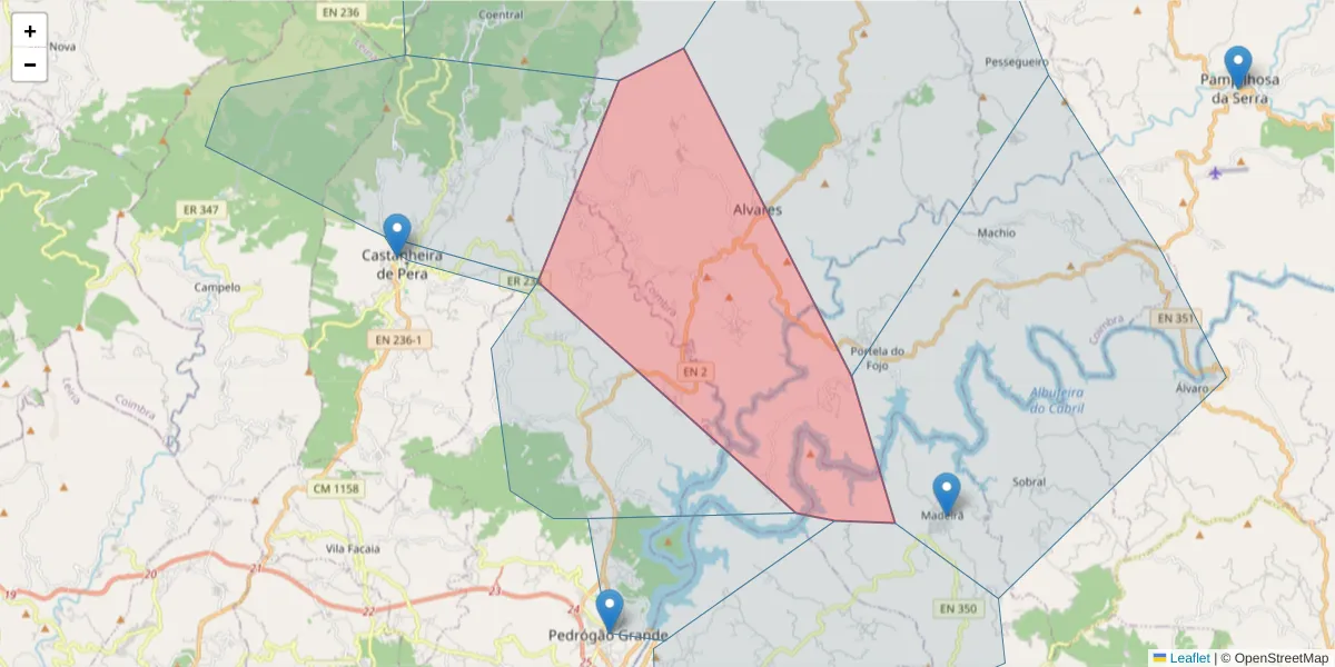Mapa detalhado do código postal 3270-084 com limites, códigos postais vizinhos e agências dos correios