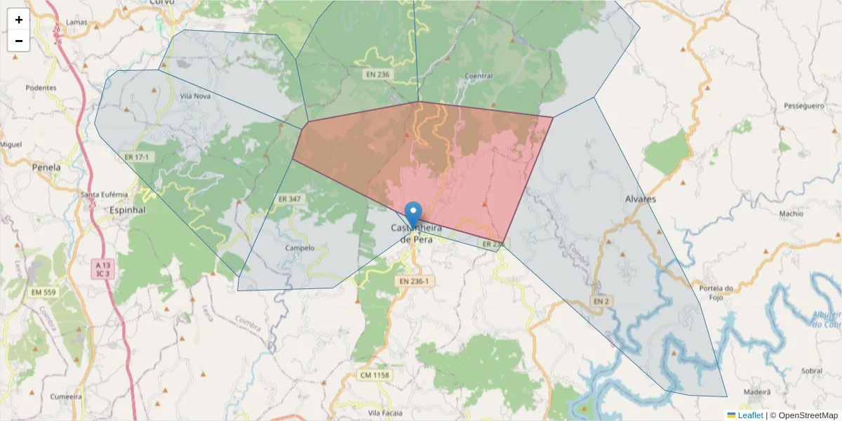 Mapa detalhado do código postal 3280-009 com limites, códigos postais vizinhos e agências dos correios