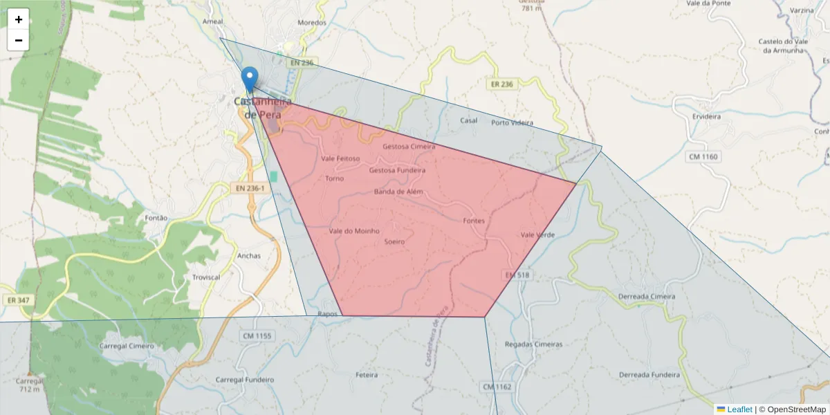Mapa detalhado do código postal 3280-012 com limites, códigos postais vizinhos e agências dos correios