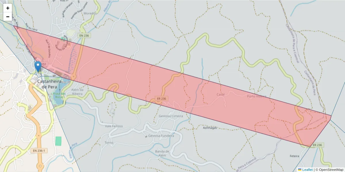 Mapa detalhado do código postal 3280-036 com limites, códigos postais vizinhos e agências dos correios