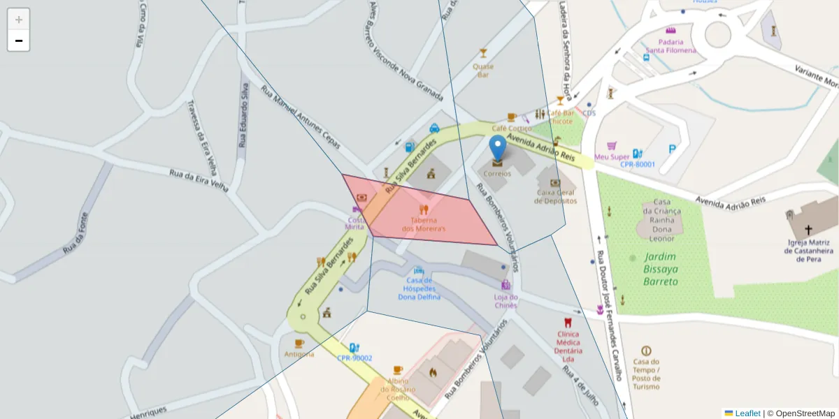 Mapa detalhado do código postal 3280-042 com limites, códigos postais vizinhos e agências dos correios