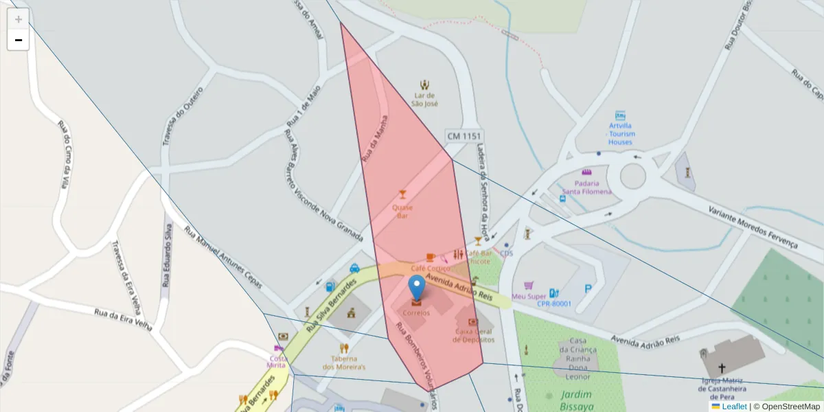 Mapa detalhado do código postal 3280-999 com limites, códigos postais vizinhos e agências dos correios