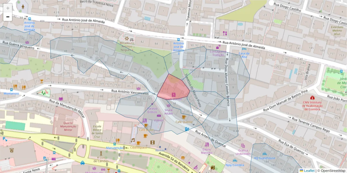 Mapa detalhado do código postal 3300-005 com limites, códigos postais vizinhos e agências dos correios