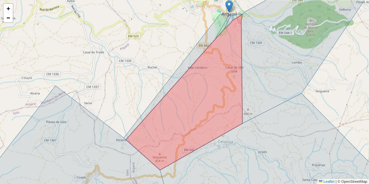 Mapa detalhado do código postal 3300-013 com limites, códigos postais vizinhos e agências dos correios
