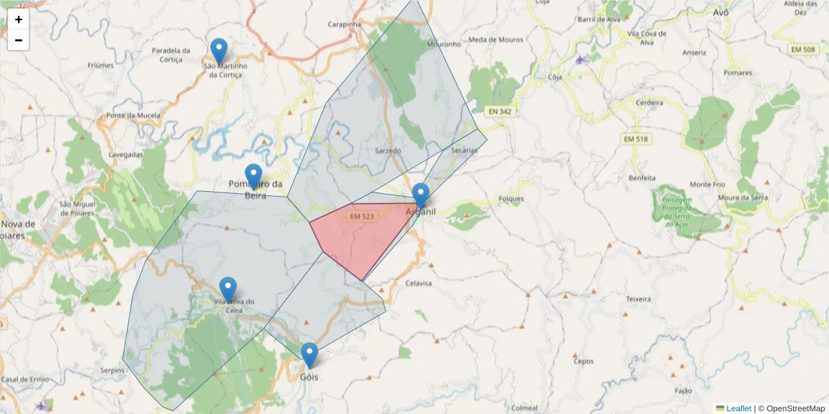 Mapa detalhado do código postal 3300-017 com limites, códigos postais vizinhos e agências dos correios