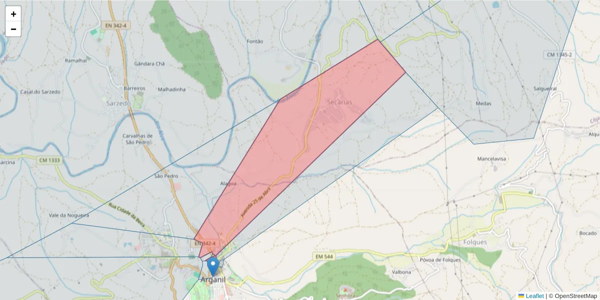 Mapa detalhado do código postal 3300-035 com limites, códigos postais vizinhos e agências dos correios