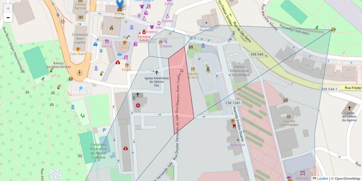 Mapa detalhado do código postal 3300-036 com limites, códigos postais vizinhos e agências dos correios
