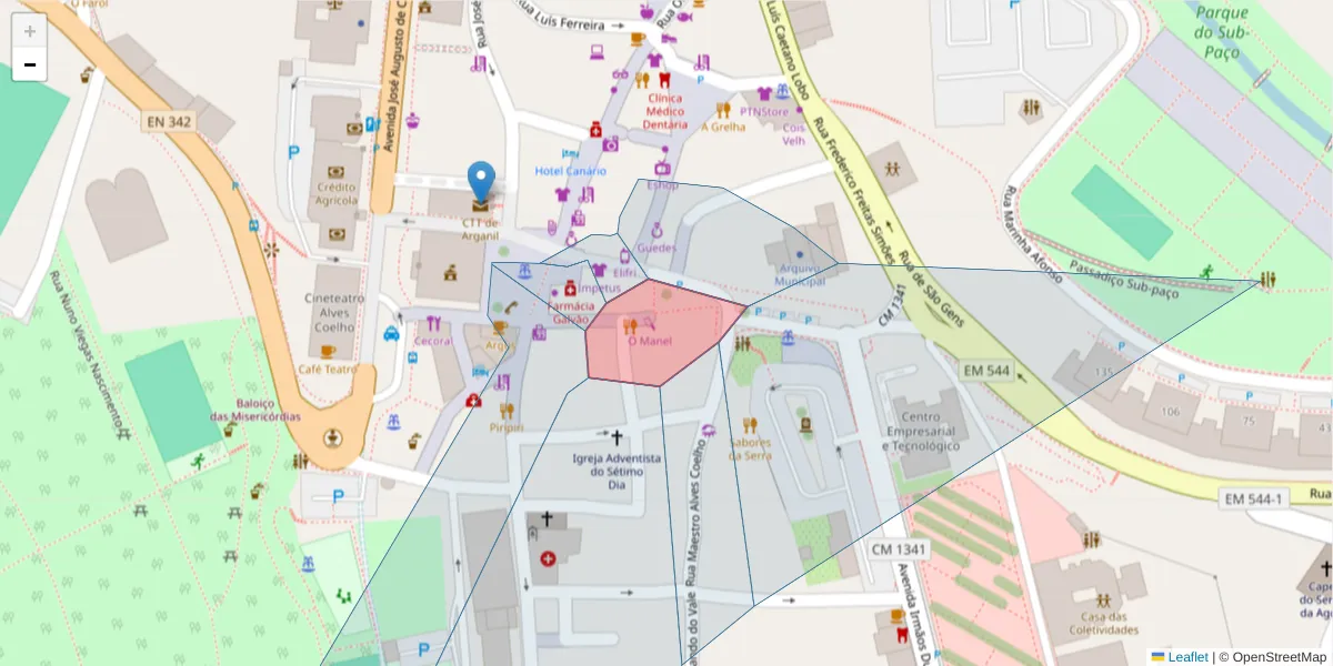 Mapa detalhado do código postal 3300-053 com limites, códigos postais vizinhos e agências dos correios