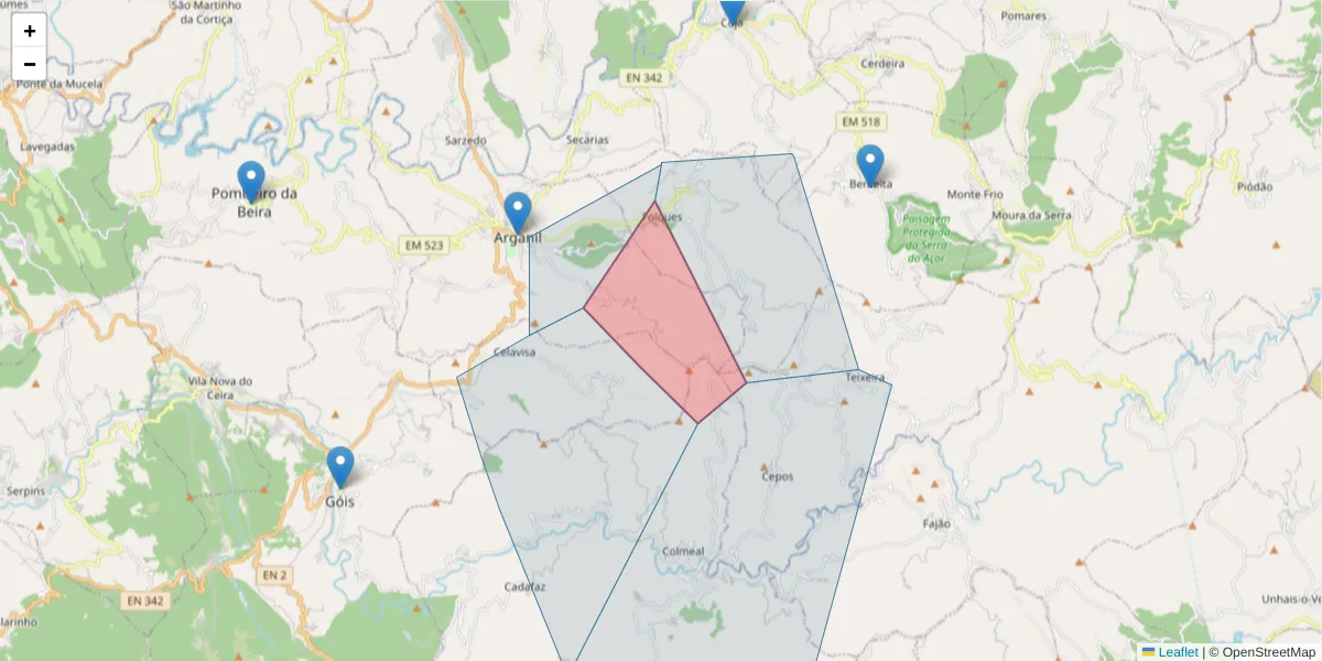 Mapa detalhado do código postal 3300-102 com limites, códigos postais vizinhos e agências dos correios
