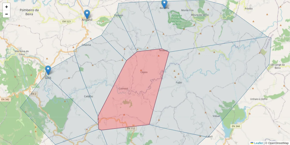 Mapa detalhado do código postal 3300-222 com limites, códigos postais vizinhos e agências dos correios