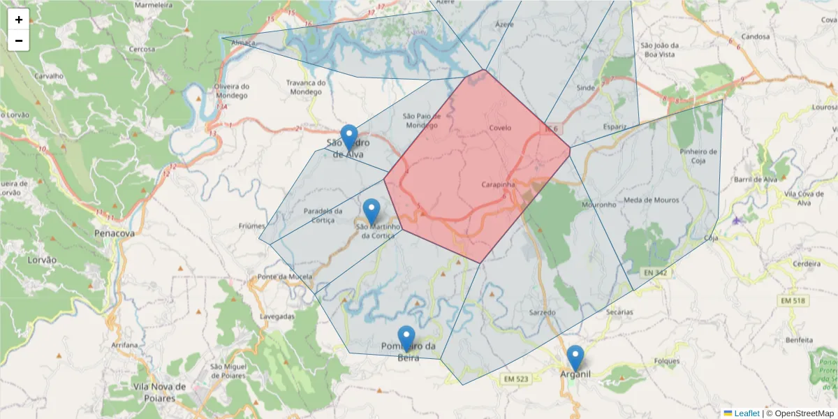 Mapa detalhado do código postal 3300-357 com limites, códigos postais vizinhos e agências dos correios