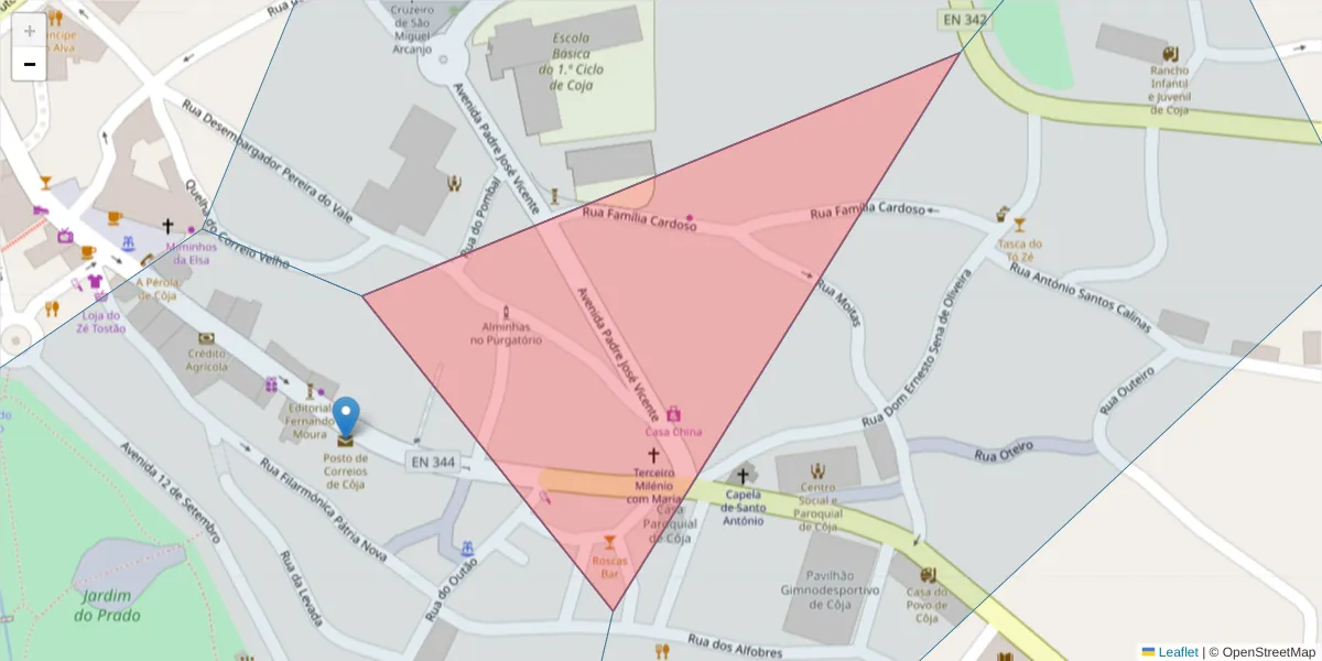 Mapa detalhado do código postal 3300 com limites, códigos postais vizinhos e agências dos correios