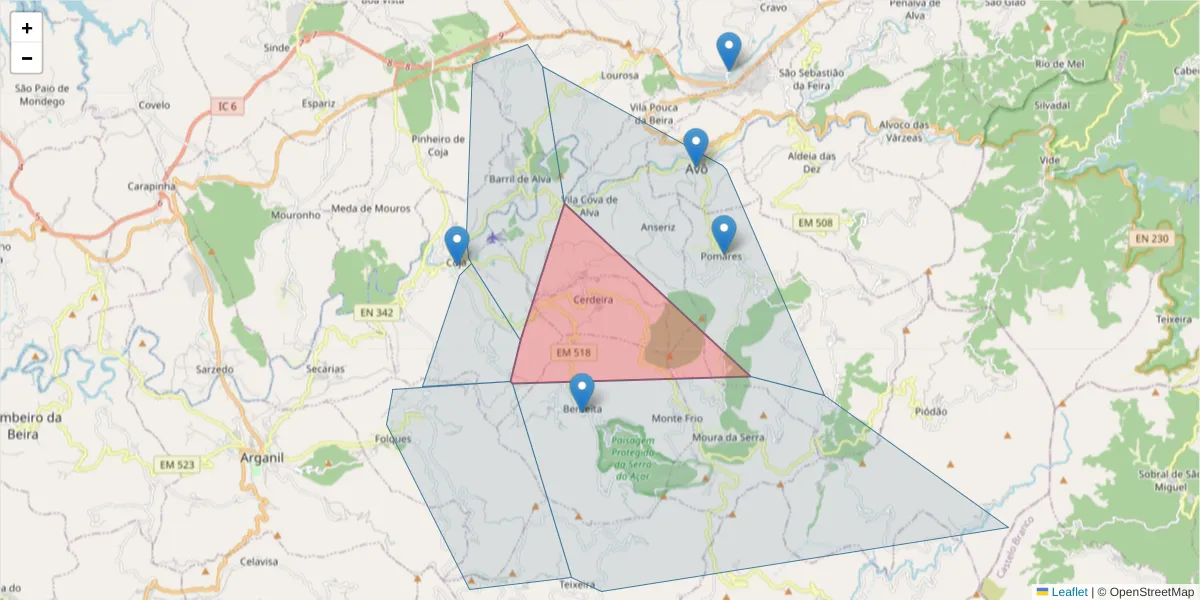 Mapa detalhado do código postal 3305-050 com limites, códigos postais vizinhos e agências dos correios