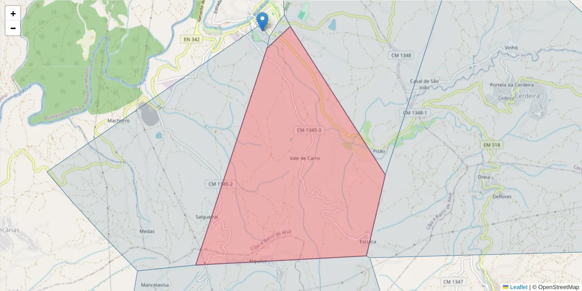 Mapa detalhado do código postal 3305-124 com limites, códigos postais vizinhos e agências dos correios