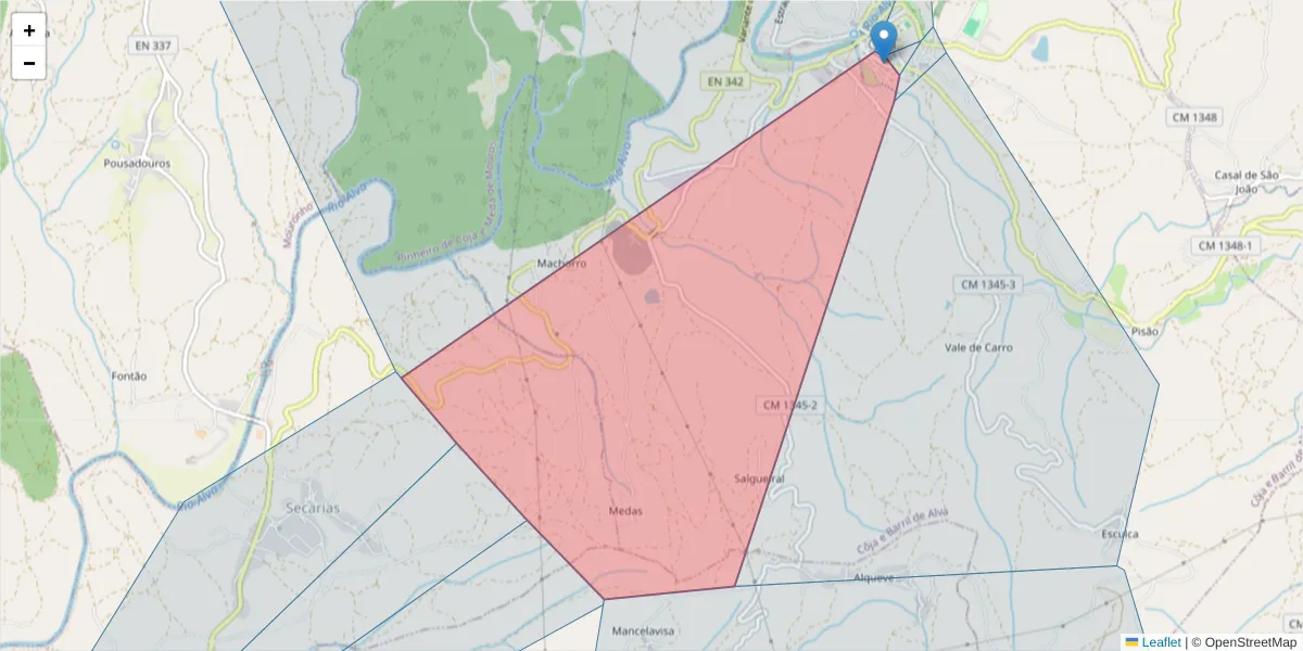 Mapa detalhado do código postal 3305-143 com limites, códigos postais vizinhos e agências dos correios