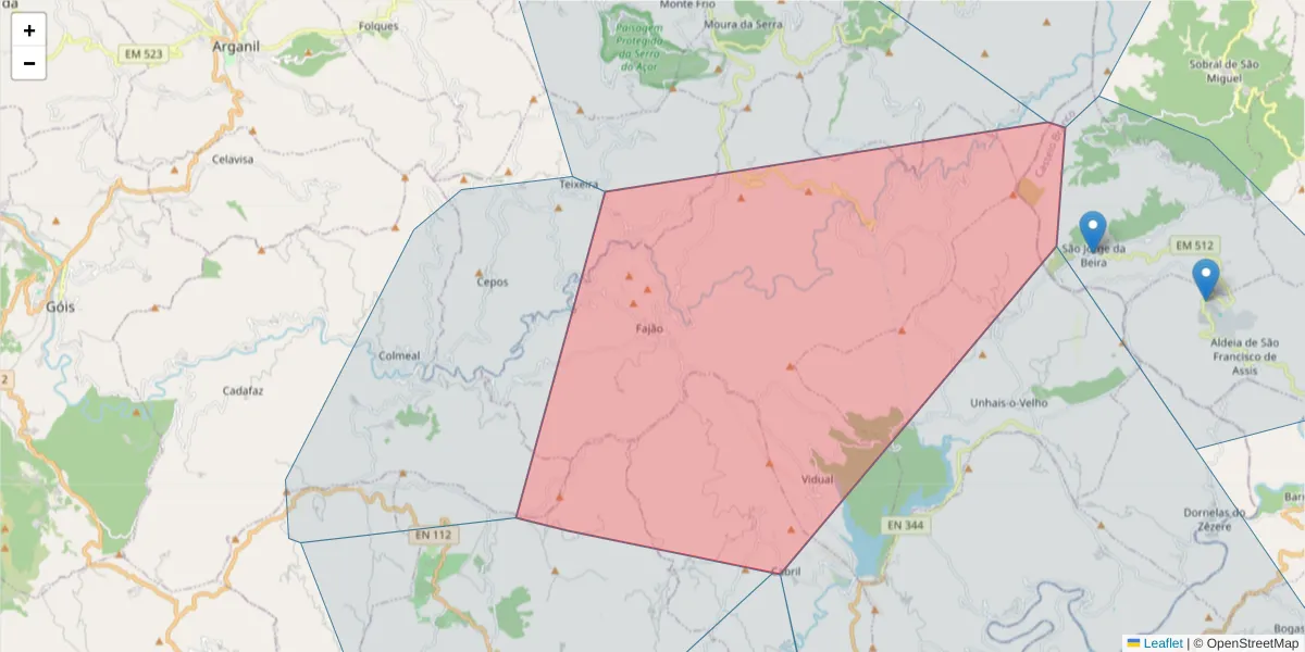 Mapa detalhado do código postal 3320-080 com limites, códigos postais vizinhos e agências dos correios