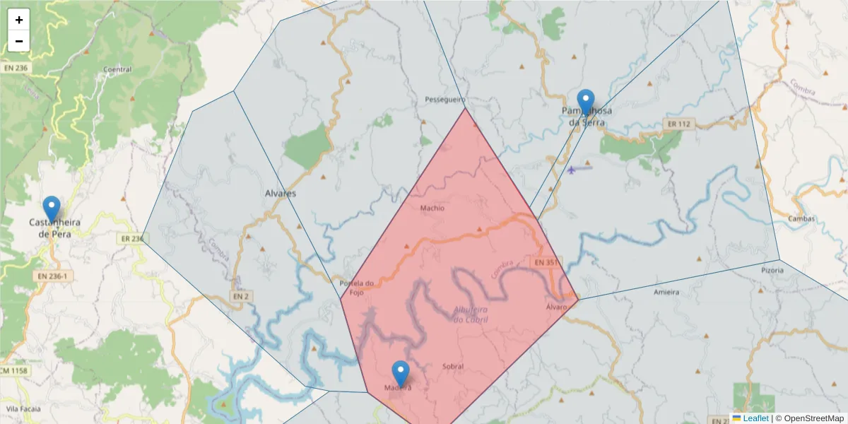 Mapa detalhado do código postal 3320 com limites, códigos postais vizinhos e agências dos correios