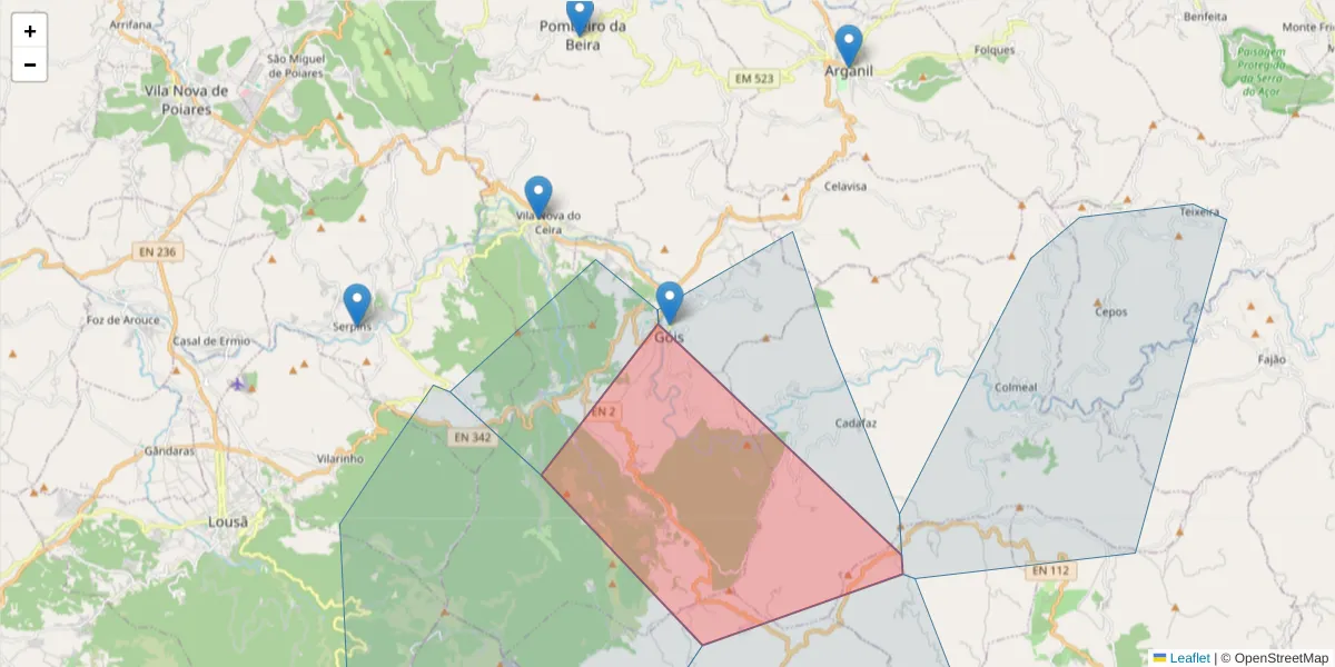 Mapa detalhado do código postal 3330-312 com limites, códigos postais vizinhos e agências dos correios