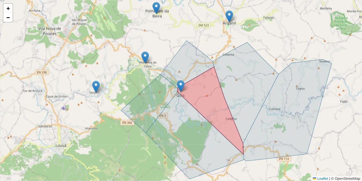 Mapa detalhado do código postal 3330-333 com limites, códigos postais vizinhos e agências dos correios