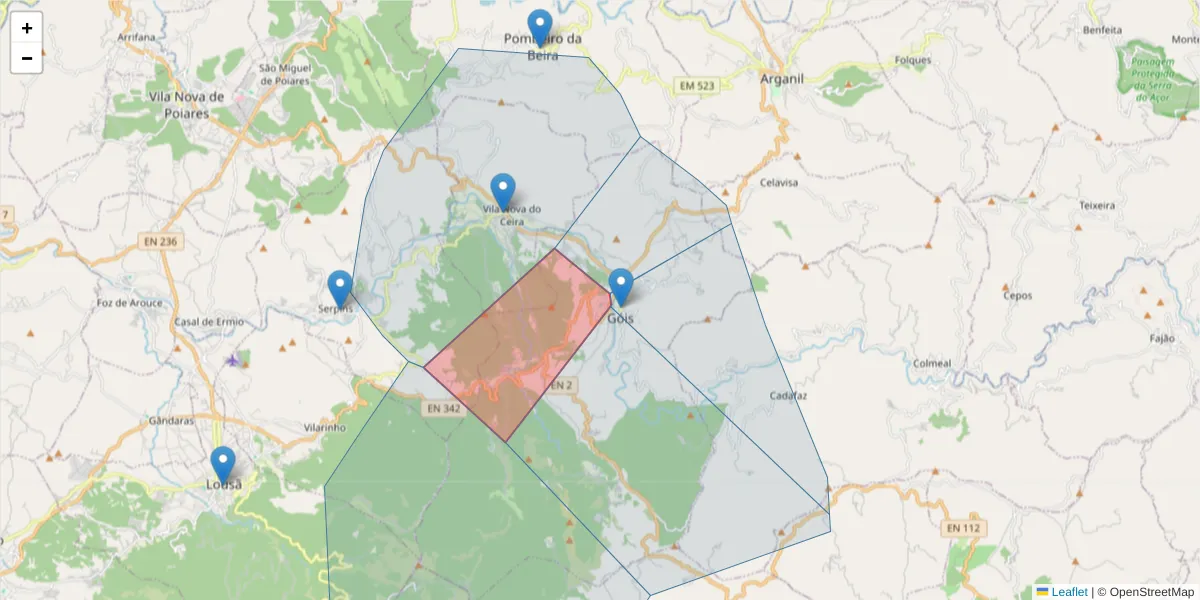 Mapa detalhado do código postal 3330-355 com limites, códigos postais vizinhos e agências dos correios