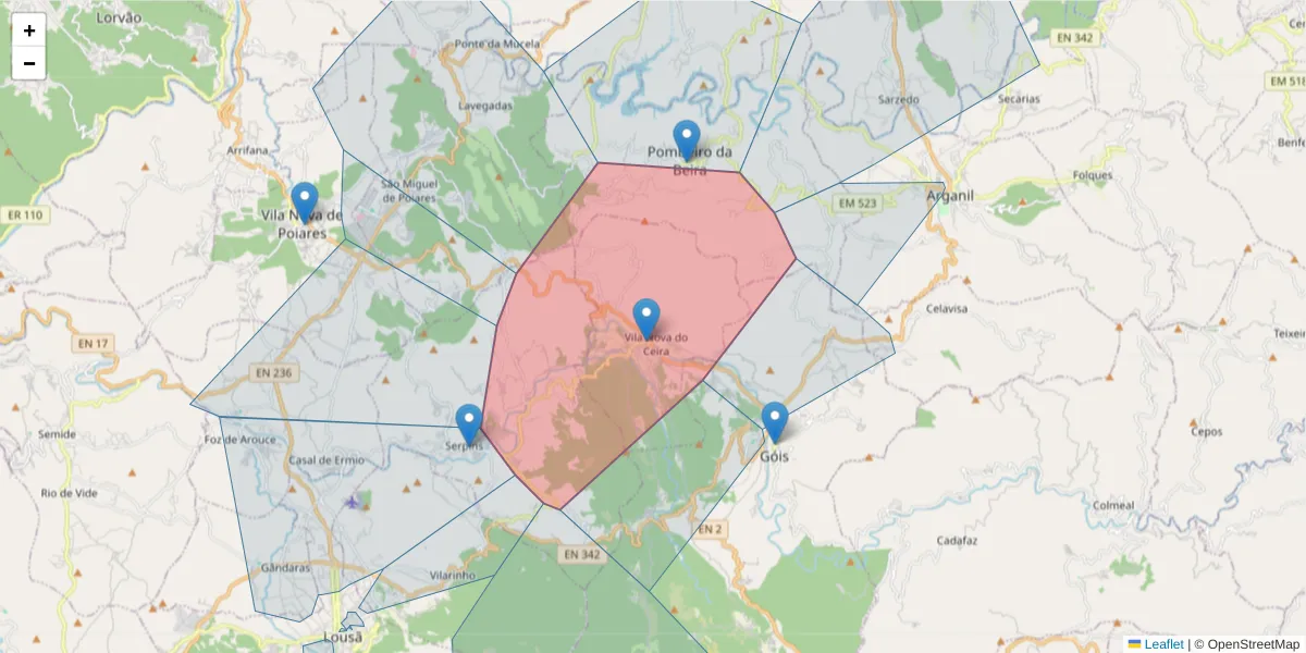 Mapa detalhado do código postal 3330-408 com limites, códigos postais vizinhos e agências dos correios