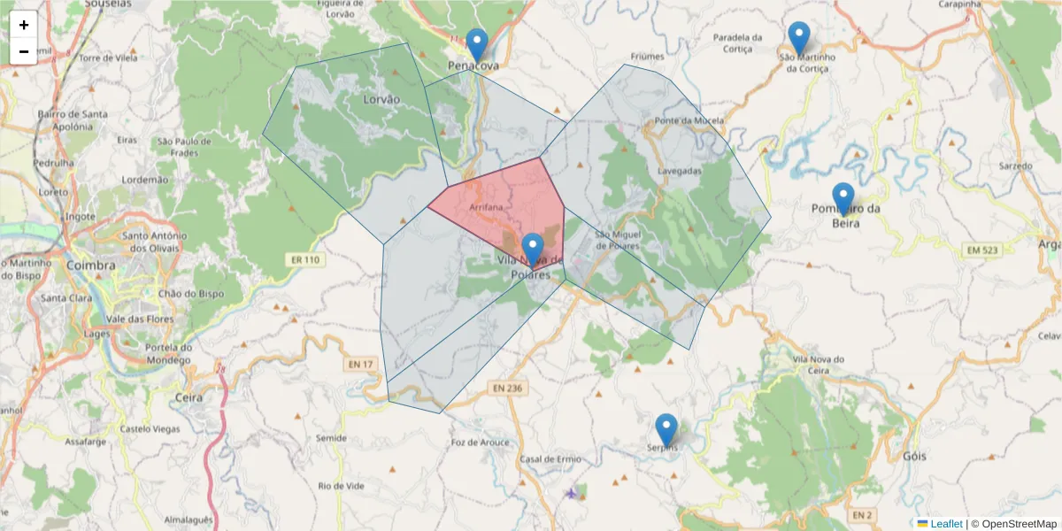 Mapa detalhado do código postal 3350-157 com limites, códigos postais vizinhos e agências dos correios