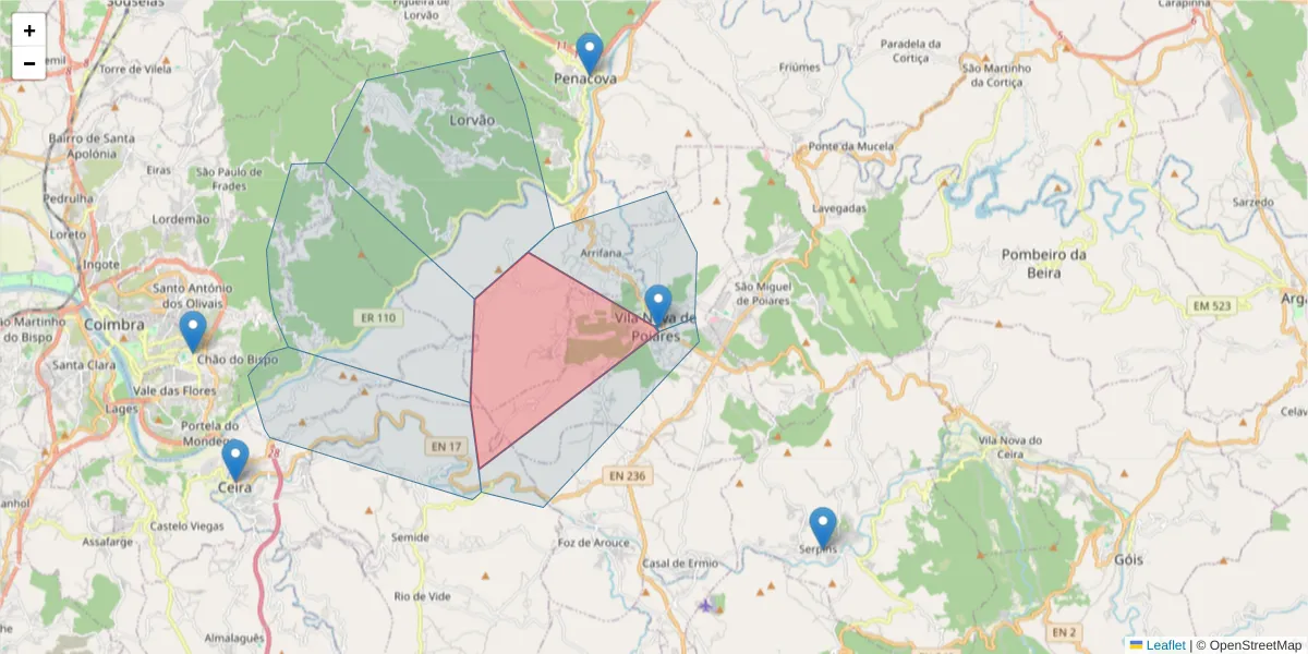 Mapa detalhado do código postal 3350-160 com limites, códigos postais vizinhos e agências dos correios