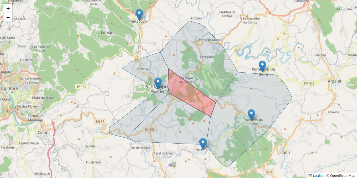 Mapa detalhado do código postal 3350-214 com limites, códigos postais vizinhos e agências dos correios