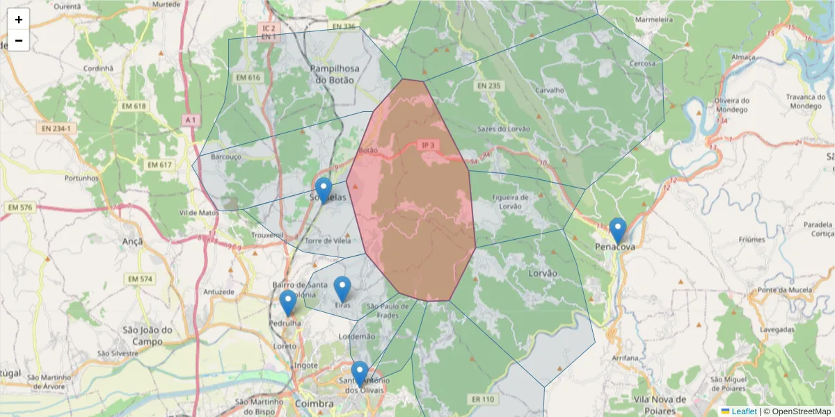 Mapa detalhado do código postal 3360-058 com limites, códigos postais vizinhos e agências dos correios