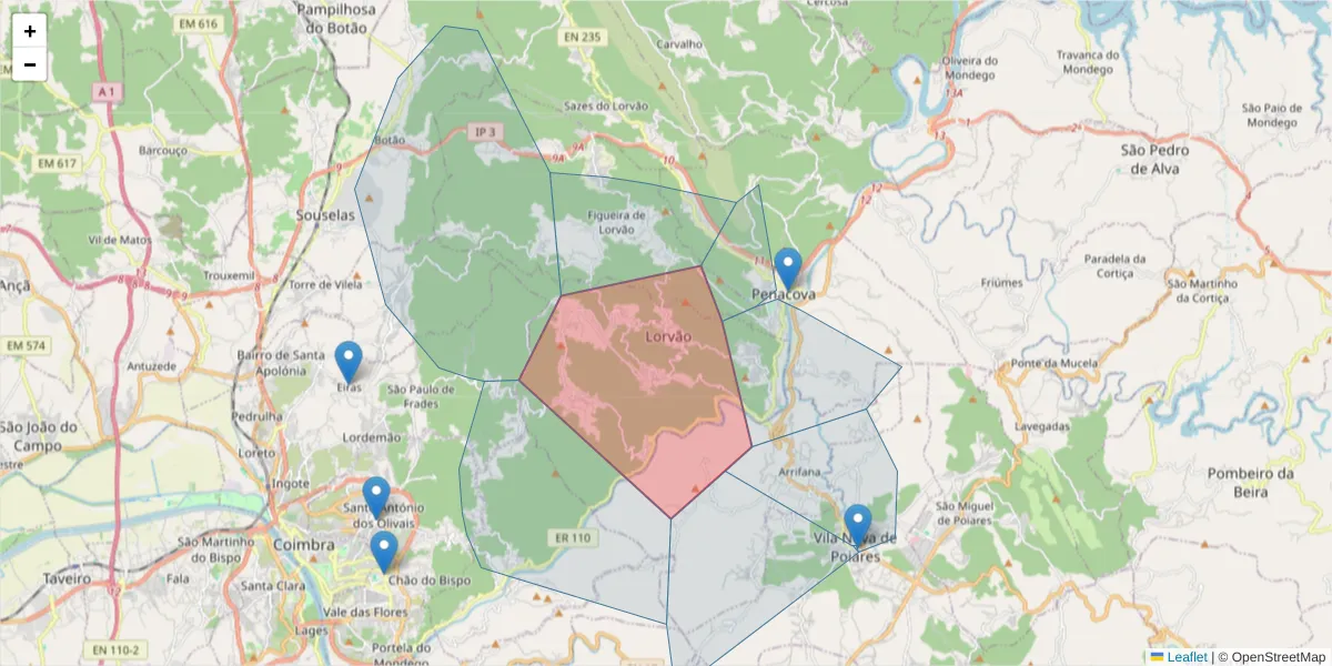 Mapa detalhado do código postal 3360-106 com limites, códigos postais vizinhos e agências dos correios