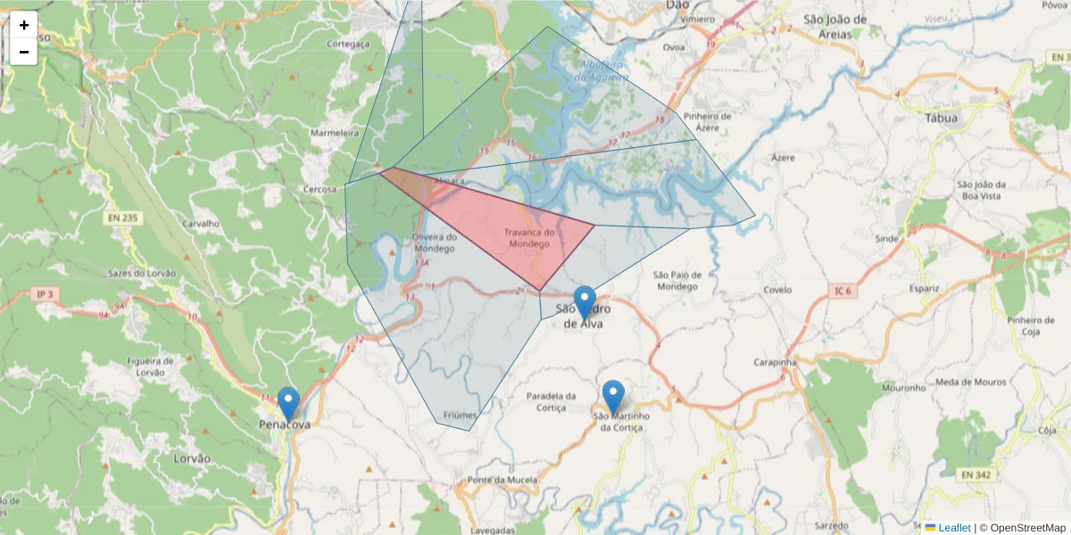 Mapa detalhado do código postal 3360-312 com limites, códigos postais vizinhos e agências dos correios