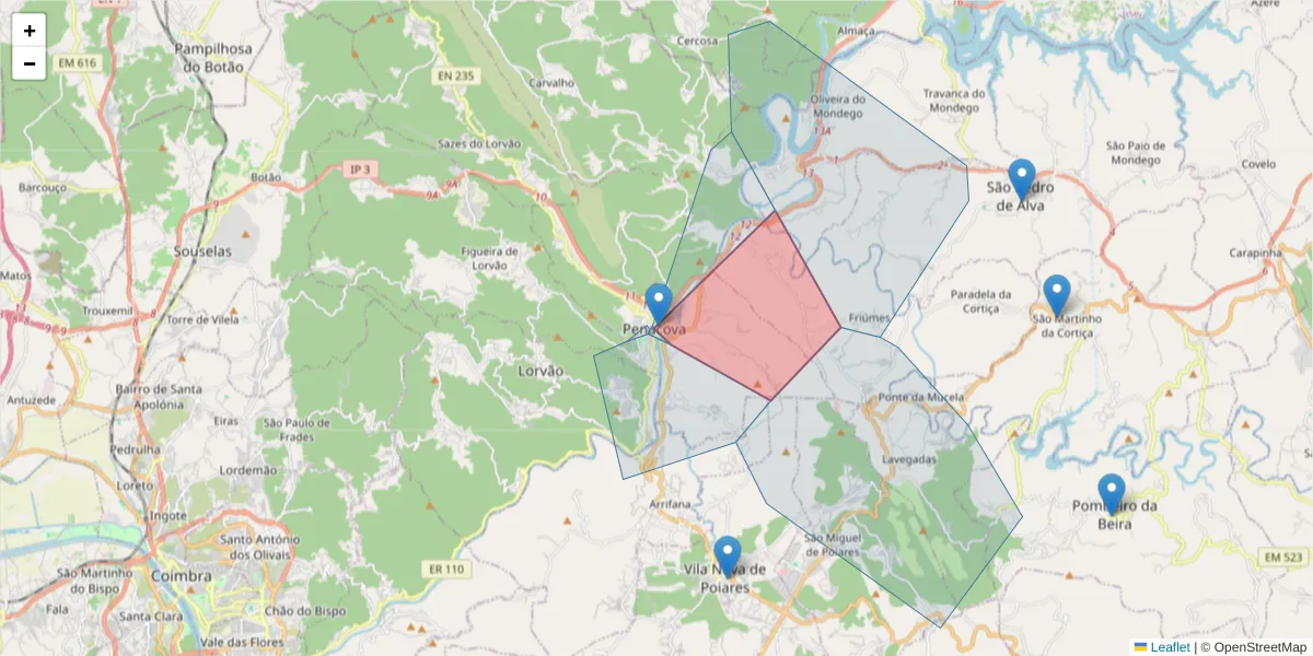 Mapa detalhado do código postal 3360-327 com limites, códigos postais vizinhos e agências dos correios