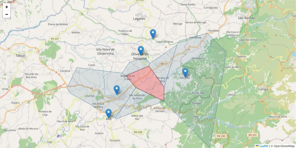 Mapa detalhado do código postal 3400-002 com limites, códigos postais vizinhos e agências dos correios