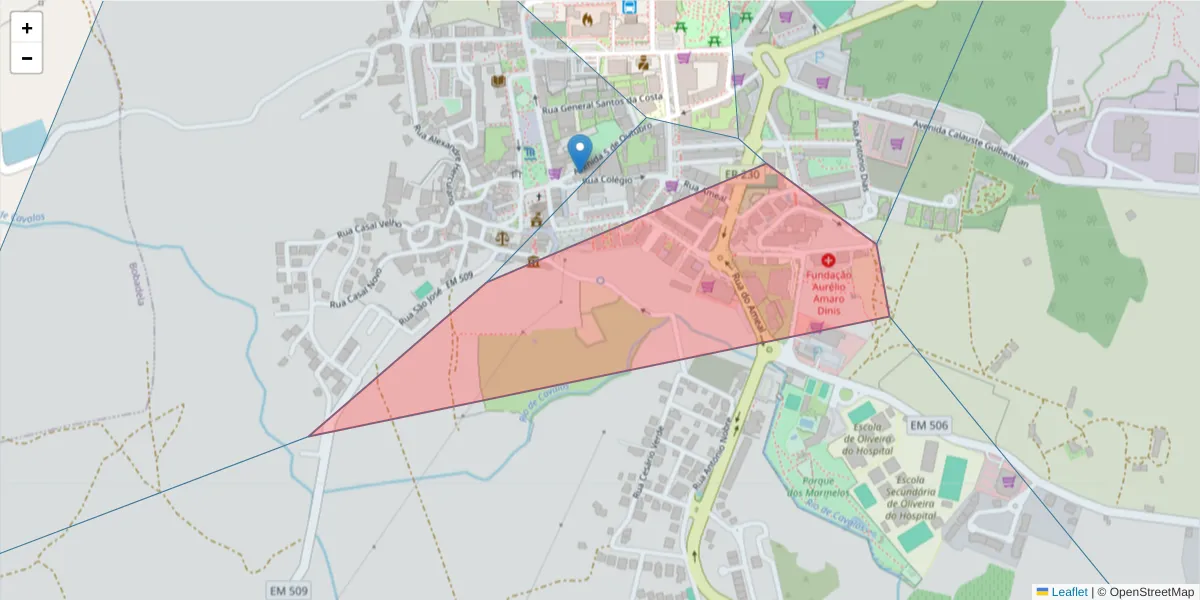 Mapa detalhado do código postal 3400-011 com limites, códigos postais vizinhos e agências dos correios