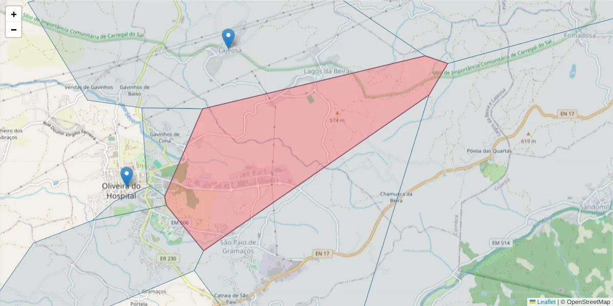Mapa detalhado do código postal 3400-060 com limites, códigos postais vizinhos e agências dos correios