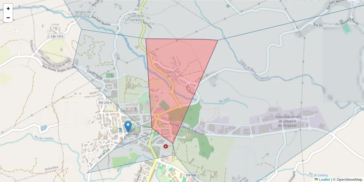 Mapa detalhado do código postal 3400-173 com limites, códigos postais vizinhos e agências dos correios