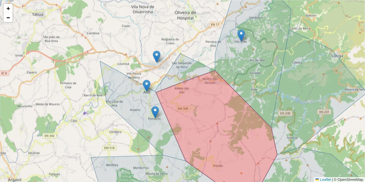 Mapa detalhado do código postal 3400-242 com limites, códigos postais vizinhos e agências dos correios