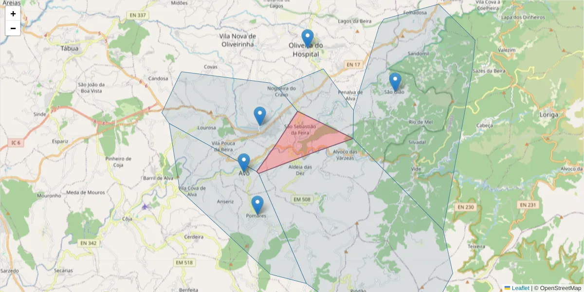 Mapa detalhado do código postal 3400-591 com limites, códigos postais vizinhos e agências dos correios