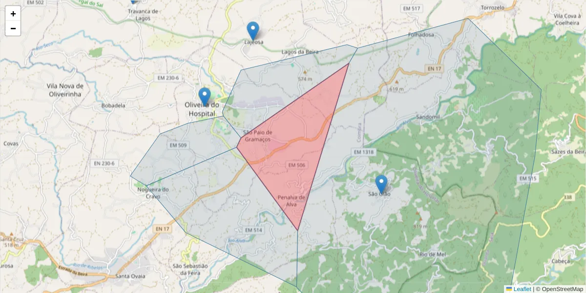 Mapa detalhado do código postal 3400-691 com limites, códigos postais vizinhos e agências dos correios