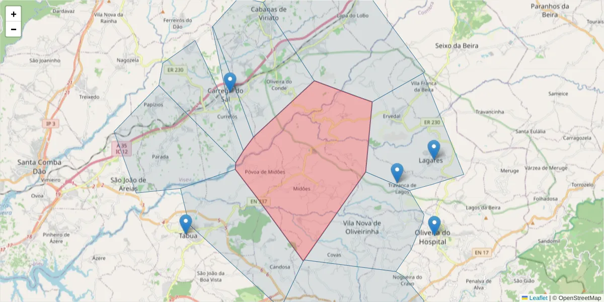 Mapa detalhado do código postal 3420-149 com limites, códigos postais vizinhos e agências dos correios