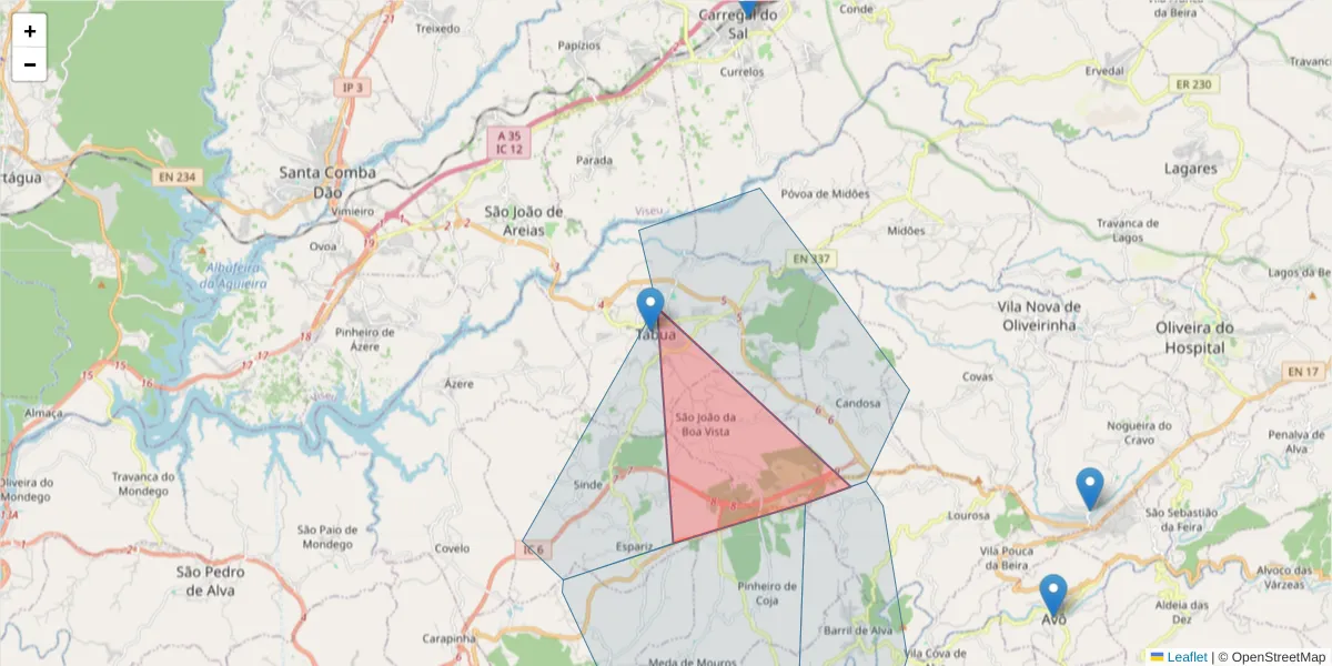 Mapa detalhado do código postal 3420-302 com limites, códigos postais vizinhos e agências dos correios