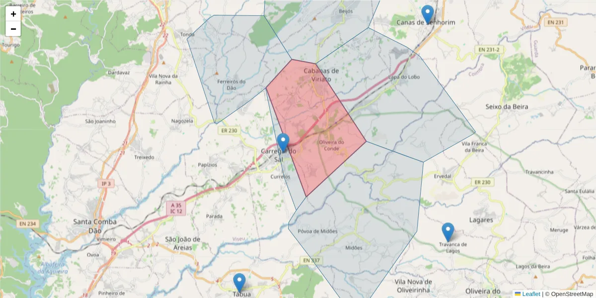 Mapa detalhado do código postal 3430-000 com limites, códigos postais vizinhos e agências dos correios