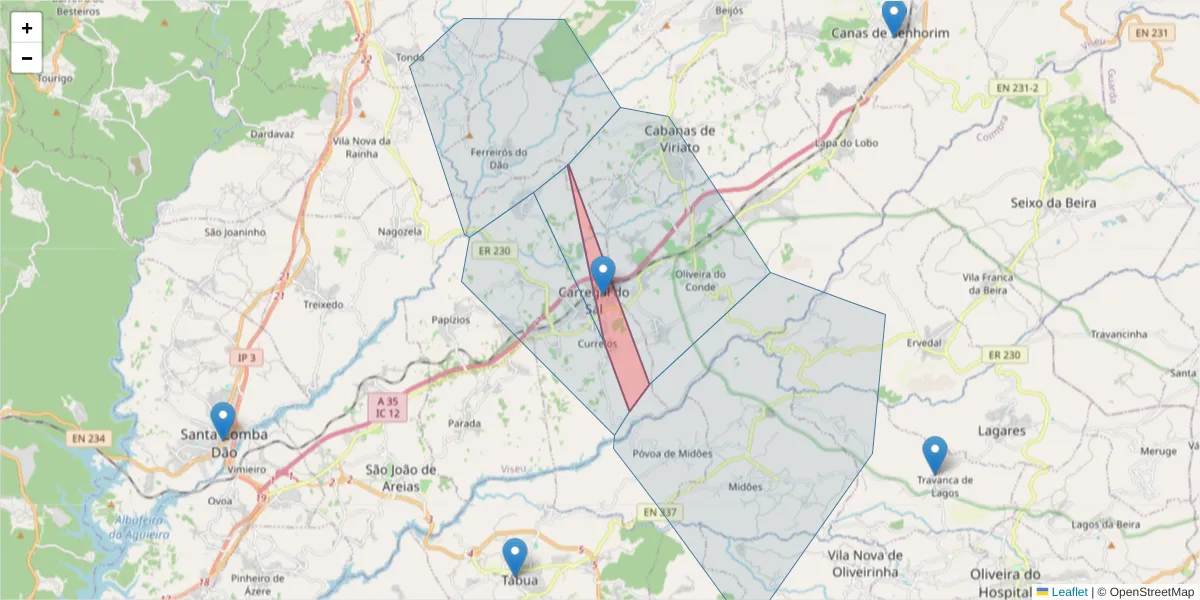 Mapa detalhado do código postal 3430-035 com limites, códigos postais vizinhos e agências dos correios
