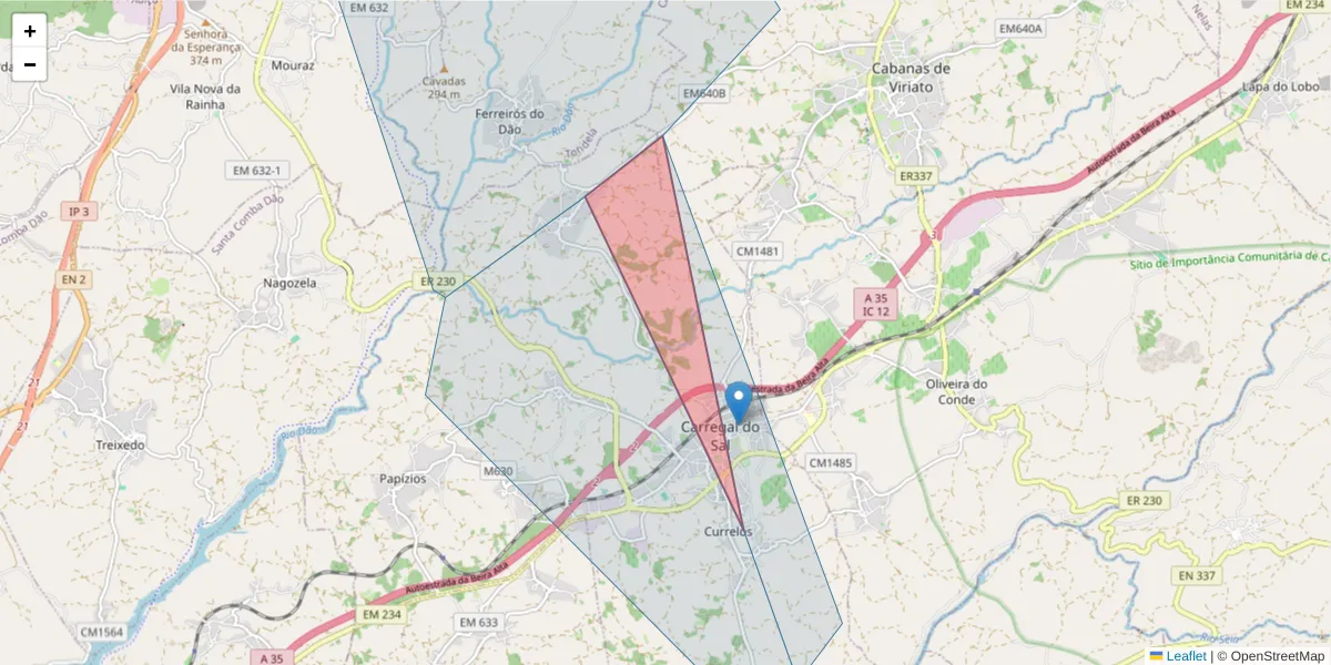 Mapa detalhado do código postal 3430-054 com limites, códigos postais vizinhos e agências dos correios