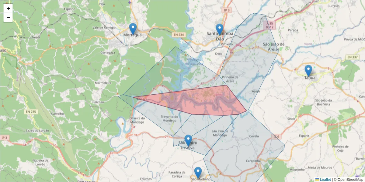 Mapa detalhado do código postal 3440-070 com limites, códigos postais vizinhos e agências dos correios