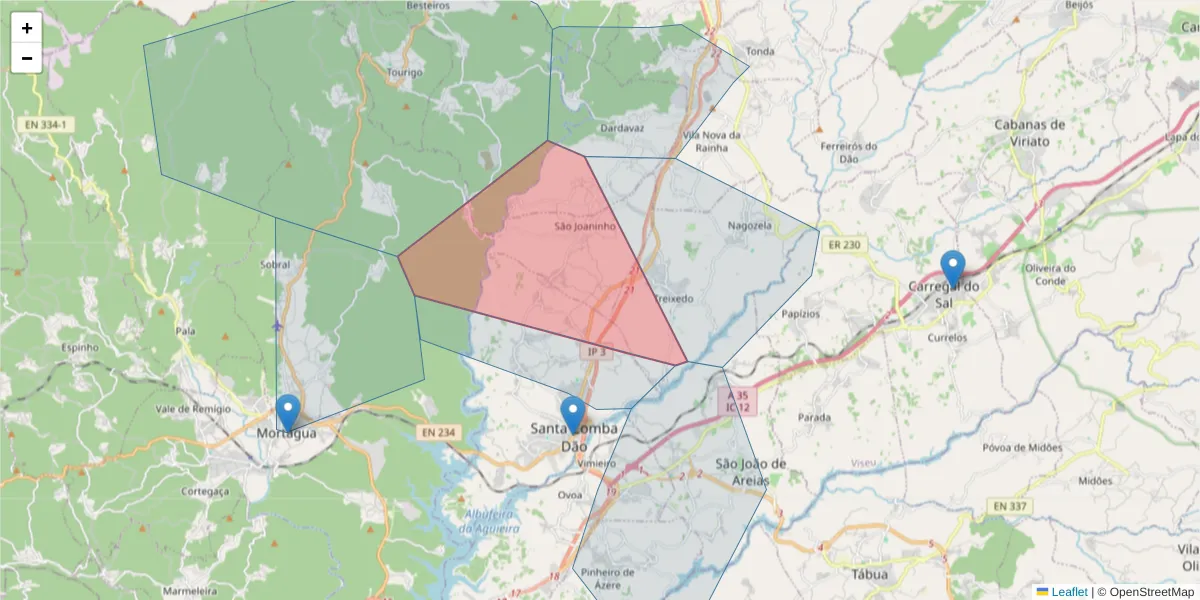 Mapa detalhado do código postal 3440-111 com limites, códigos postais vizinhos e agências dos correios