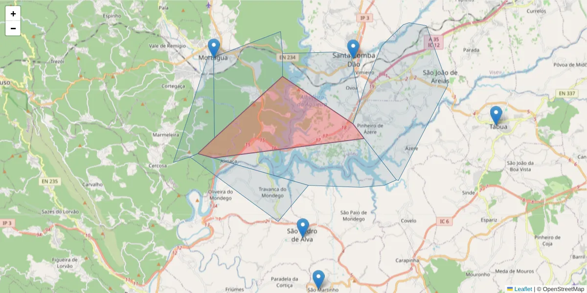 Mapa detalhado do código postal 3440-308 com limites, códigos postais vizinhos e agências dos correios