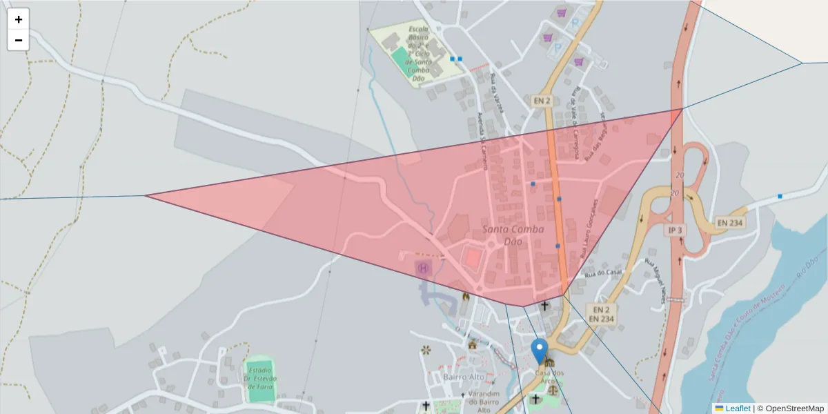 Mapa detalhado do código postal 3440-325 com limites, códigos postais vizinhos e agências dos correios