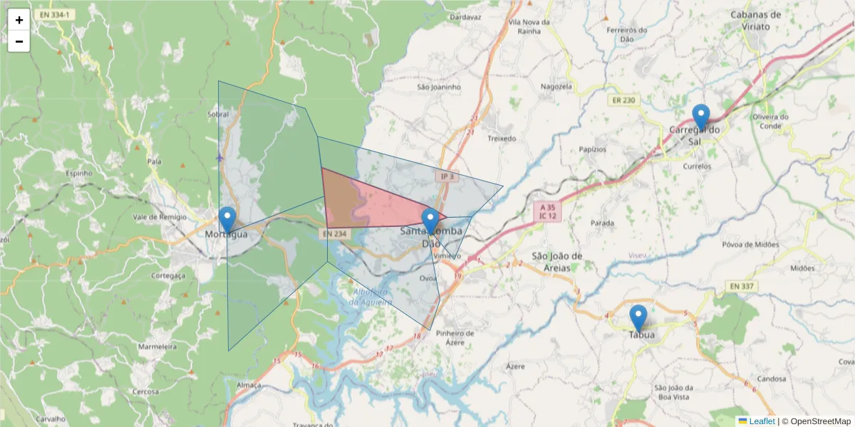 Mapa detalhado do código postal 3440-368 com limites, códigos postais vizinhos e agências dos correios