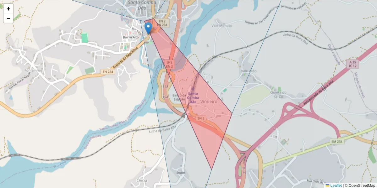 Mapa detalhado do código postal 3440-372 com limites, códigos postais vizinhos e agências dos correios